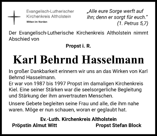 Traueranzeige von Karl Behrnd Hasselmann von Kieler Nachrichten