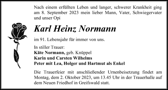 Traueranzeige von Karl Heinz Normann von Ostsee-Zeitung GmbH