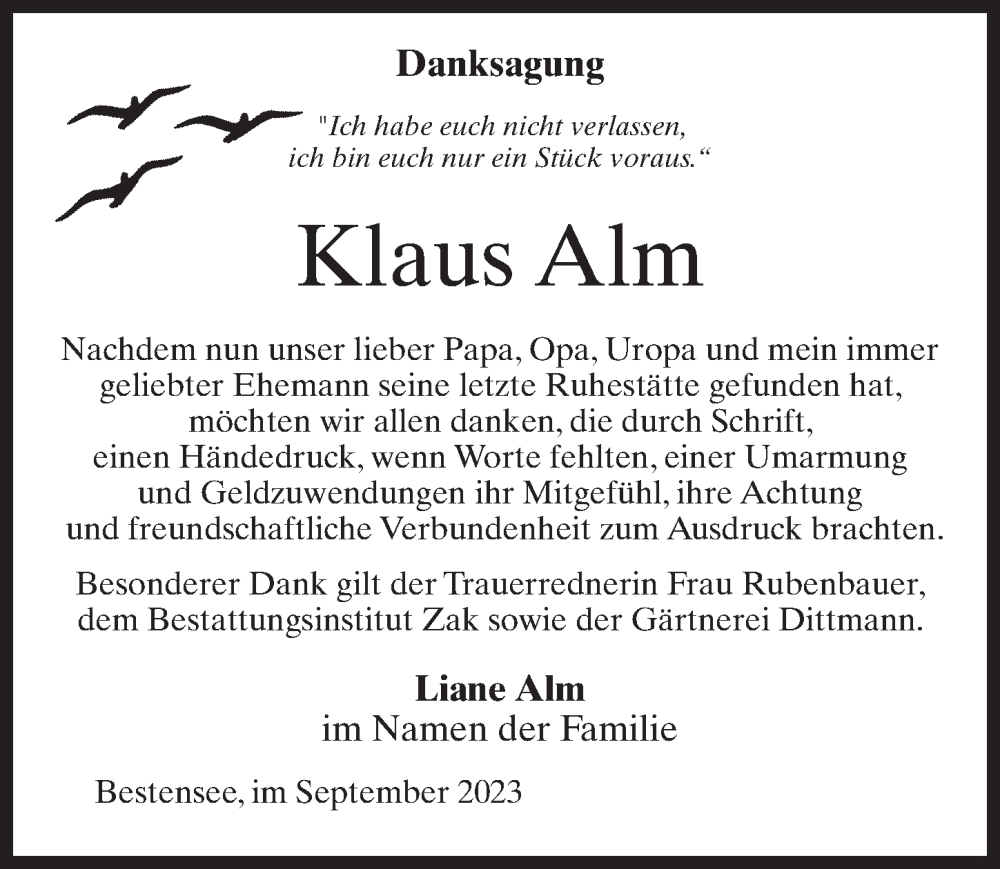  Traueranzeige für Klaus Alm vom 16.09.2023 aus Märkischen Allgemeine Zeitung
