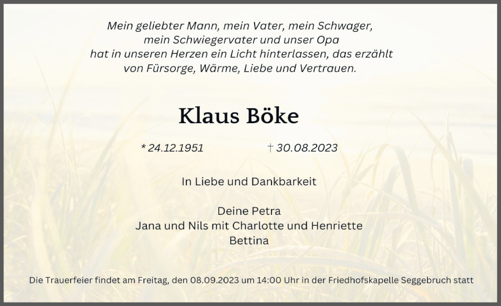 Traueranzeige für Klaus Böke vom 05.09.2023 aus Schaumburger Nachrichten