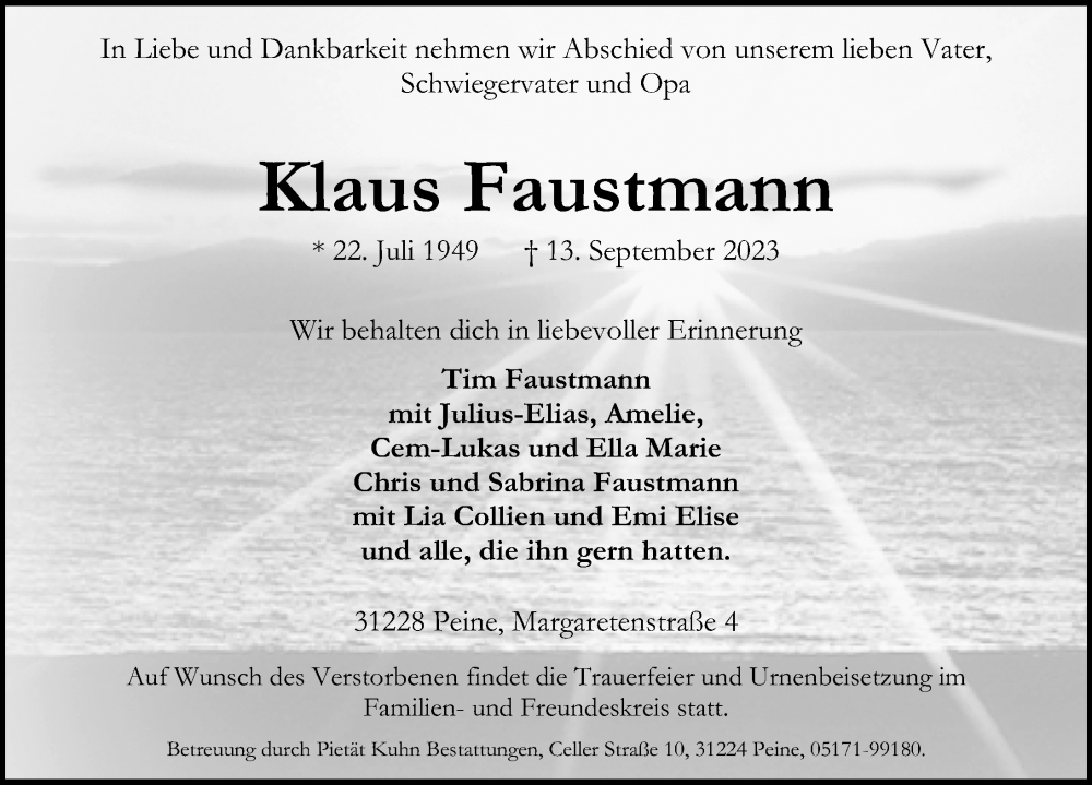  Traueranzeige für Klaus Faustmann vom 16.09.2023 aus Peiner Allgemeine Zeitung