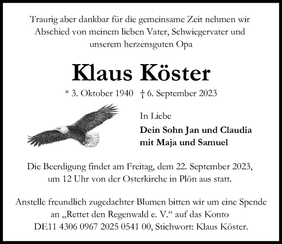 Traueranzeige von Klaus Köster von Kieler Nachrichten