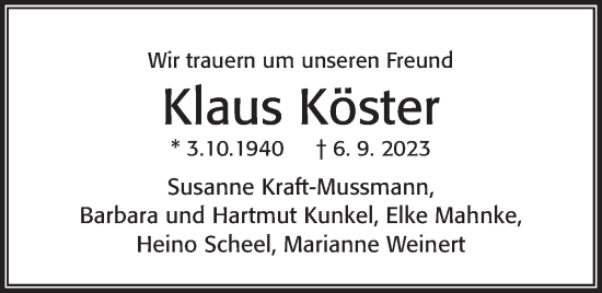 Traueranzeige von Klaus Köster von Kieler Nachrichten