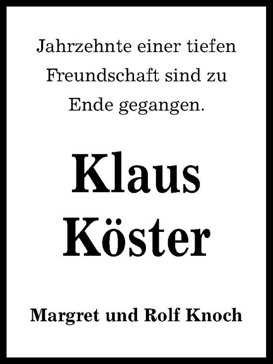 Traueranzeige von Klaus Köster von Kieler Nachrichten