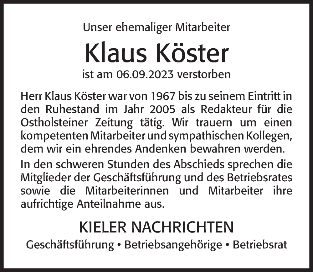  Traueranzeige für Klaus Köster vom 16.09.2023 aus Kieler Nachrichten