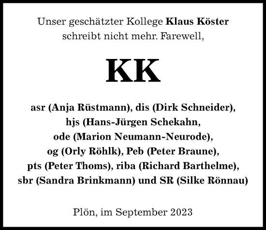 Traueranzeige von Klaus Köster von Kieler Nachrichten