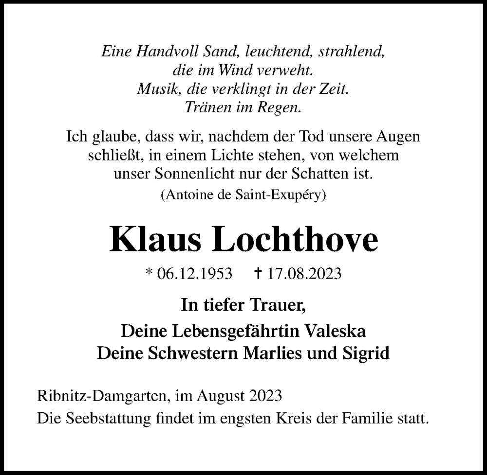  Traueranzeige für Klaus Lochthove vom 09.09.2023 aus Ostsee-Zeitung GmbH