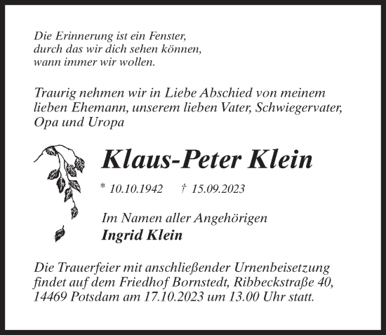 Traueranzeige von Klaus-Peter Klein von Märkischen Allgemeine Zeitung