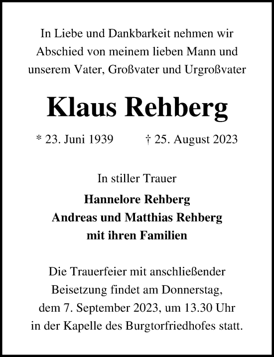 Traueranzeige von Klaus Rehberg von Lübecker Nachrichten