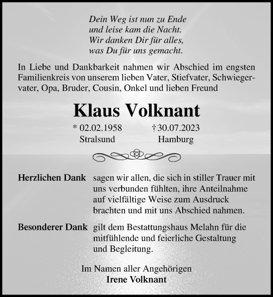 Traueranzeige von Klaus Volknant von Ostsee-Zeitung GmbH