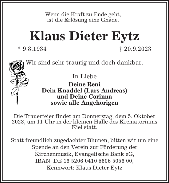 Traueranzeige von Klaus Dieter Eytz von Kieler Nachrichten