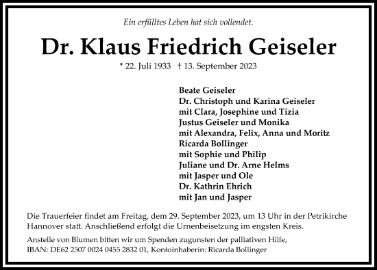 Traueranzeige von Klaus Friedrich Geiseler von Hannoversche Allgemeine Zeitung/Neue Presse