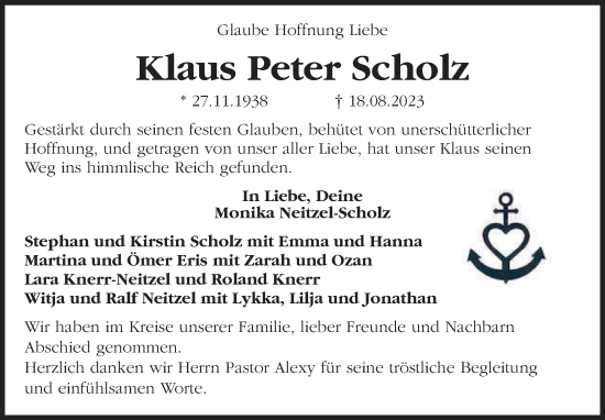 Traueranzeige von Klaus Peter Scholz von Kieler Nachrichten