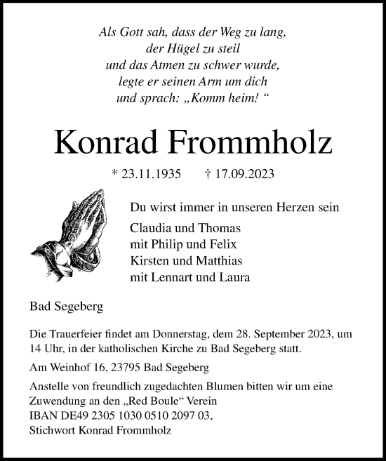 Traueranzeige von Konrad Frommholz von Lübecker Nachrichten