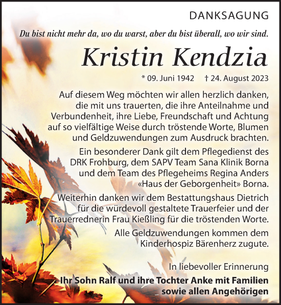 Traueranzeige von Kristin Kendzia von Leipziger Volkszeitung