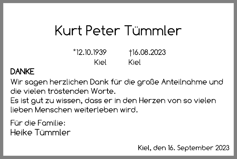  Traueranzeige für Kurt Peter Tümmler vom 23.09.2023 aus Kieler Nachrichten