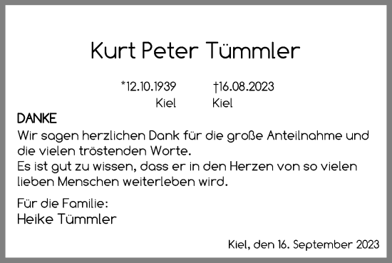 Traueranzeige von Kurt Peter Tümmler von Kieler Nachrichten