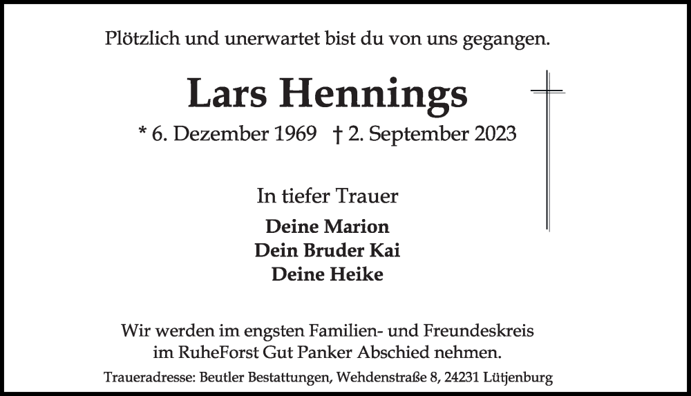  Traueranzeige für Lars Hennings vom 15.09.2023 aus Kieler Nachrichten