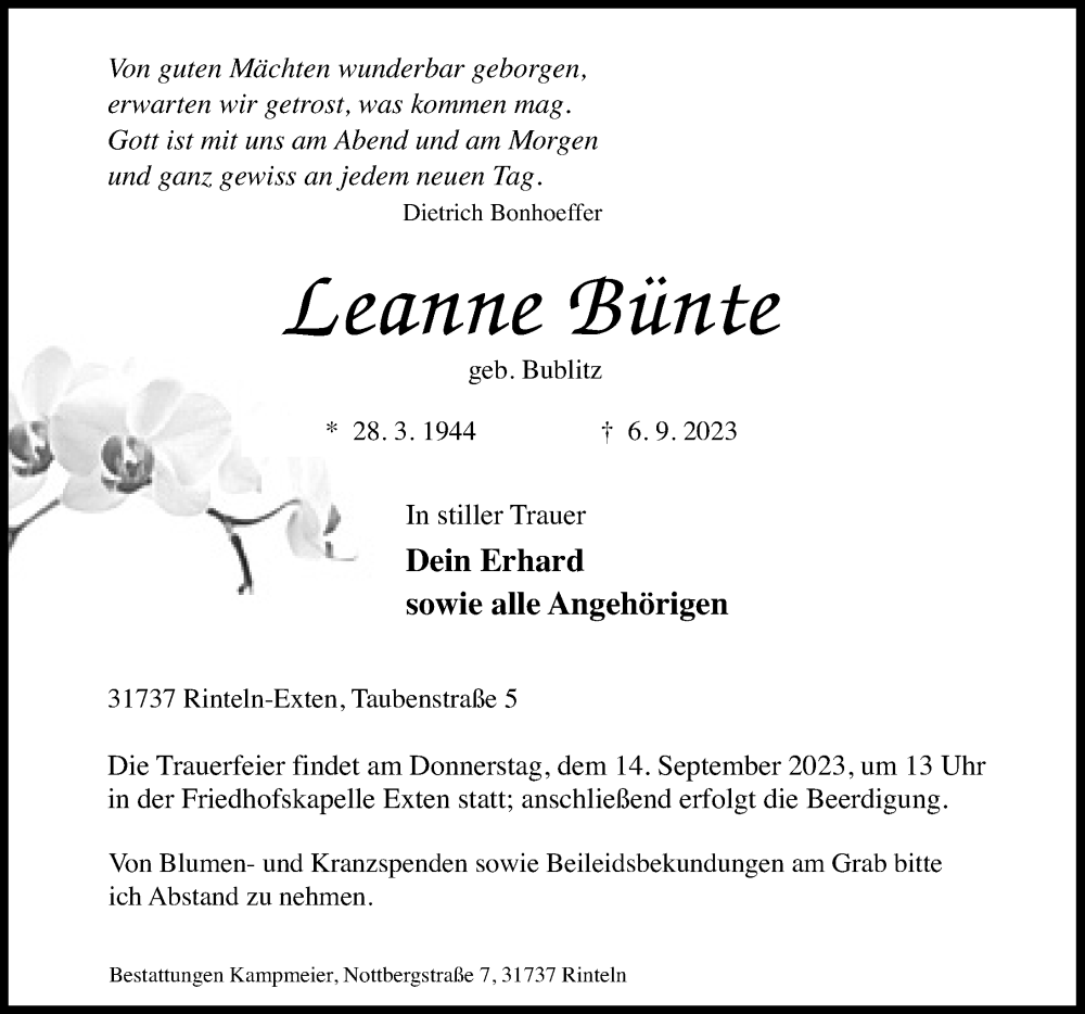  Traueranzeige für Leanne Bünte vom 12.09.2023 aus Schaumburger Nachrichten