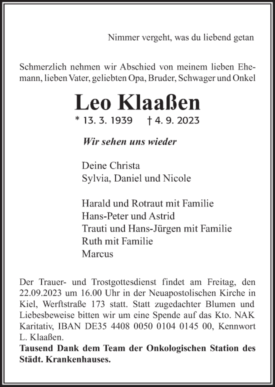 Traueranzeige von Leo Klaaßen von Kieler Nachrichten