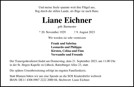 Traueranzeige von Liane Eichner von Lübecker Nachrichten