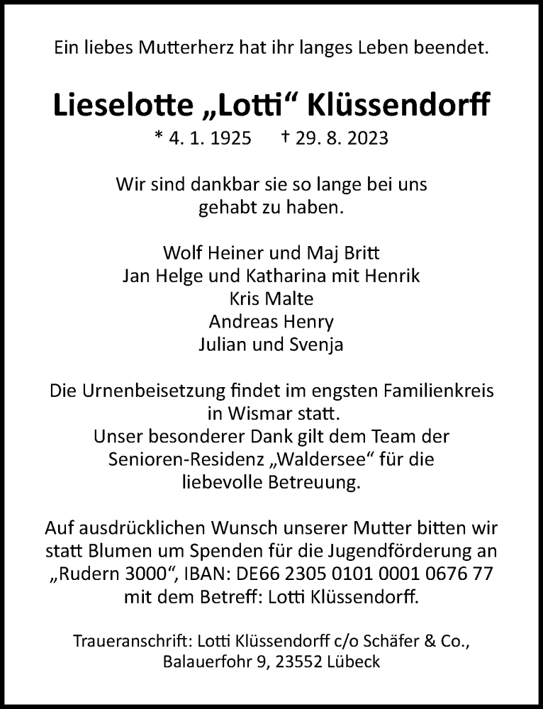  Traueranzeige für Lieselotte Klüssendorff vom 10.09.2023 aus Lübecker Nachrichten
