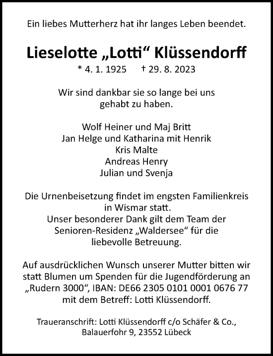 Traueranzeige von Lieselotte Klüssendorff von Lübecker Nachrichten