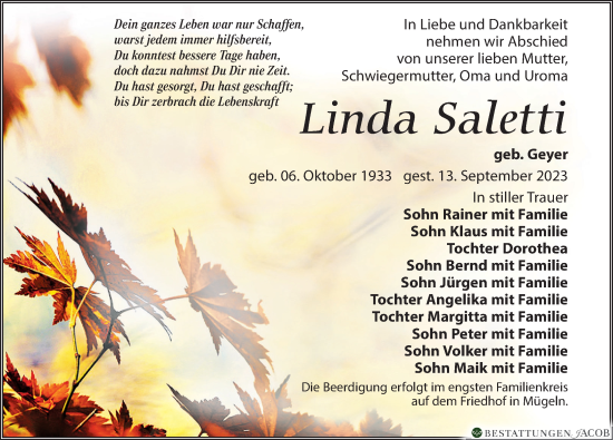 Traueranzeige von Linda Saletti von Leipziger Volkszeitung