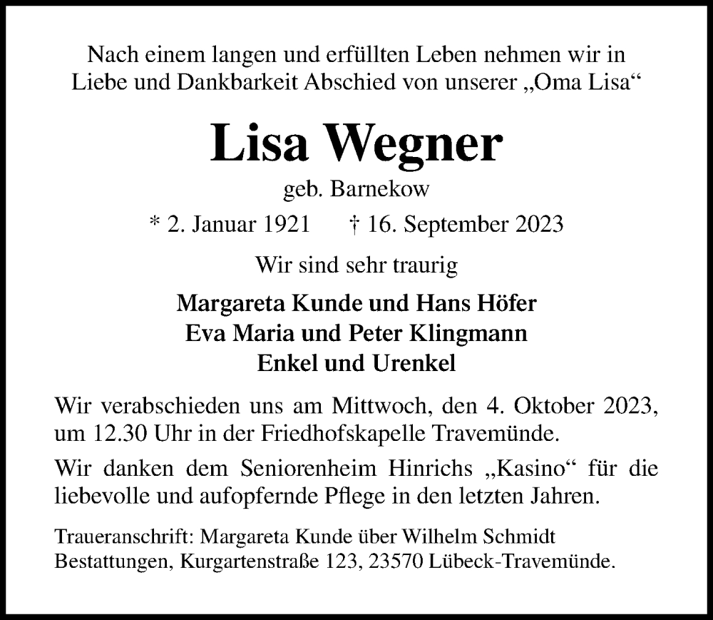  Traueranzeige für Lisa Wegner vom 24.09.2023 aus Lübecker Nachrichten