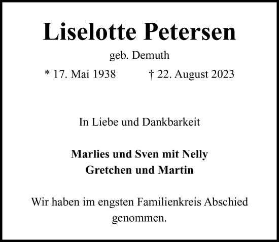 Traueranzeige von Liselotte Petersen von Lübecker Nachrichten