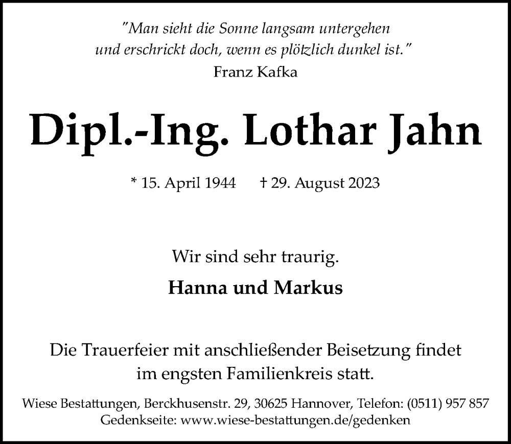  Traueranzeige für Lothar Jahn vom 02.09.2023 aus Hannoversche Allgemeine Zeitung/Neue Presse
