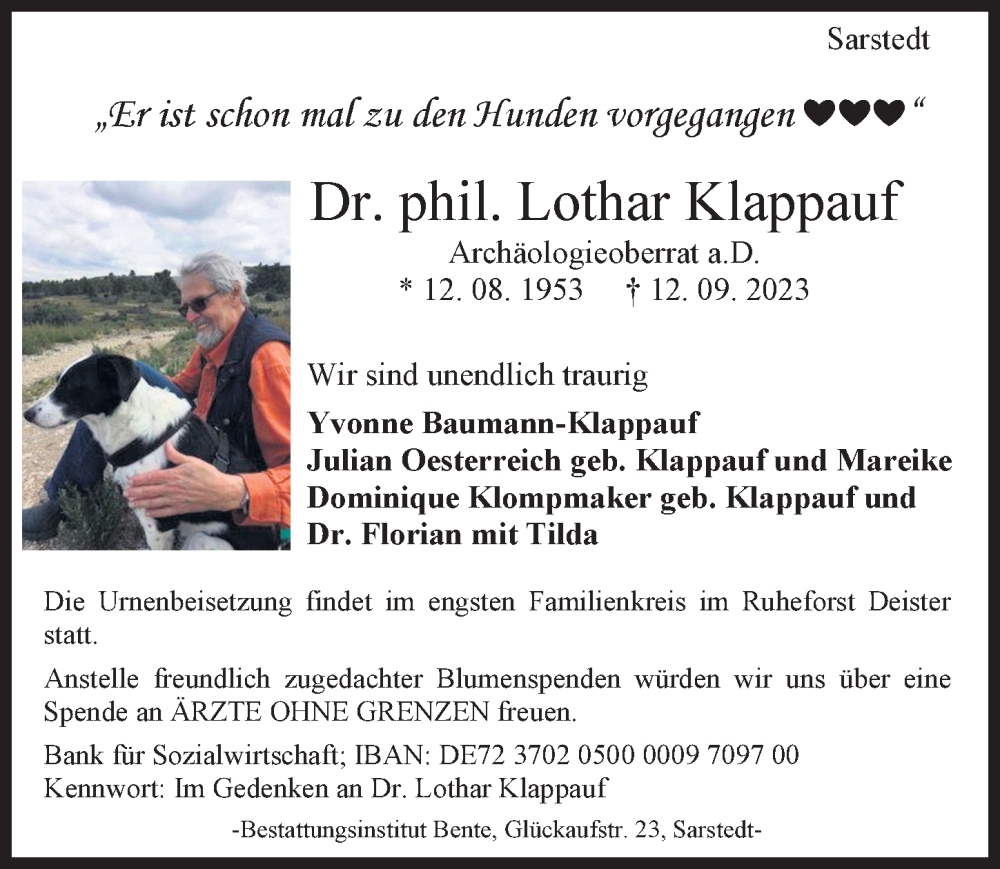  Traueranzeige für Lothar Klappauf vom 16.09.2023 aus Hannoversche Allgemeine Zeitung/Neue Presse