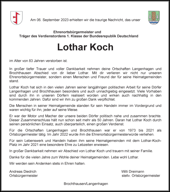 Traueranzeige von Lothar Koch von Eichsfelder Tageblatt