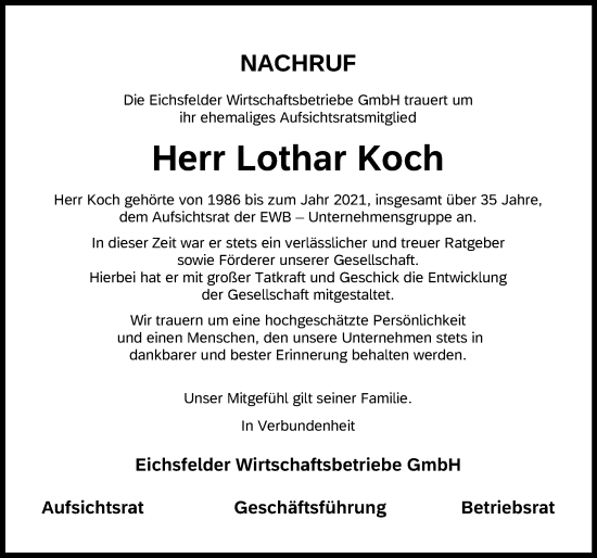 Traueranzeige von Lothar Koch von Eichsfelder Tageblatt