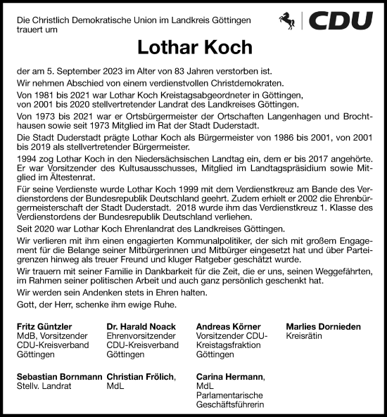 Traueranzeige von Lothar Koch von Göttinger Tageblatt