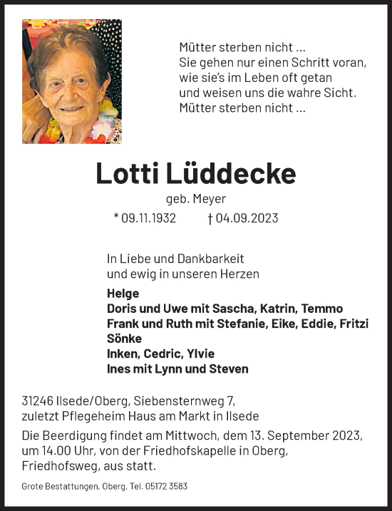 Traueranzeige von Lotti Lüddecke von Peiner Allgemeine Zeitung