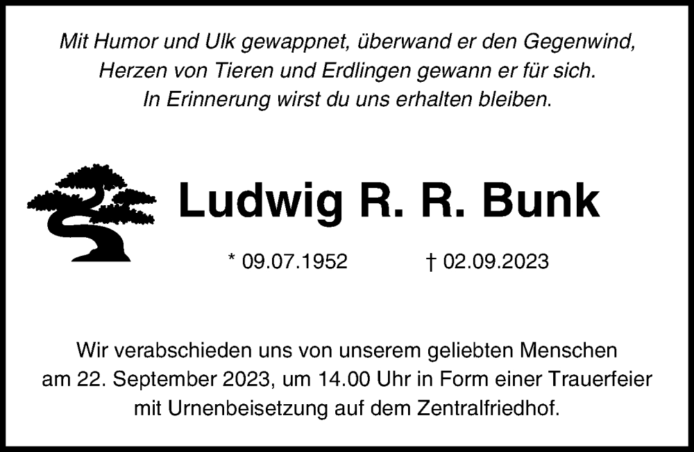  Traueranzeige für Ludwig R. R. Bunk vom 09.09.2023 aus Ostsee-Zeitung GmbH