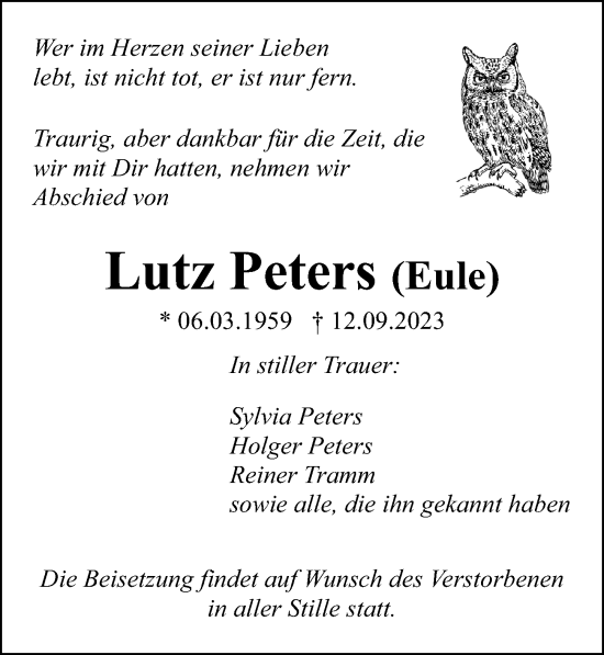 Traueranzeige von Lutz Peters von Ostsee-Zeitung GmbH