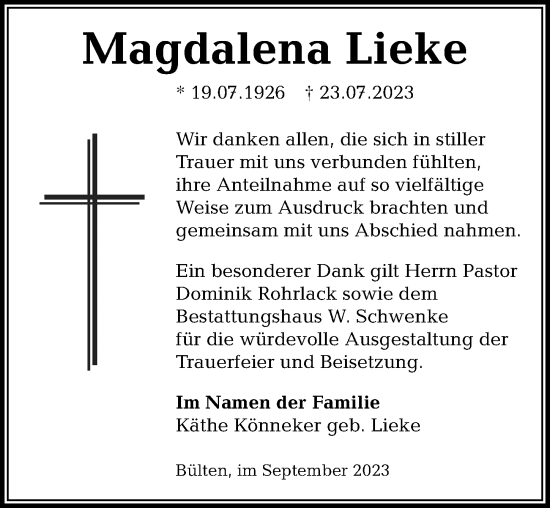 Traueranzeige von Magdalena Lieke von Peiner Allgemeine Zeitung