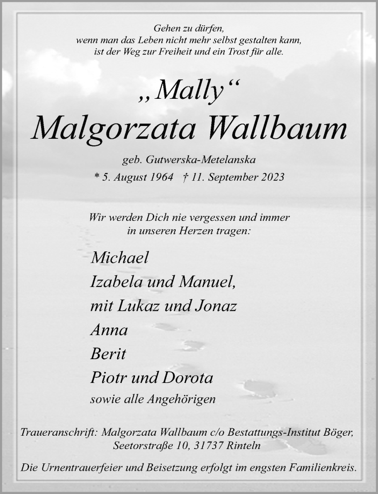  Traueranzeige für Malgorzata Wallbaum vom 16.09.2023 aus Schaumburger Nachrichten