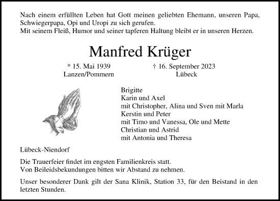 Traueranzeige von Manfred Krüger von Lübecker Nachrichten