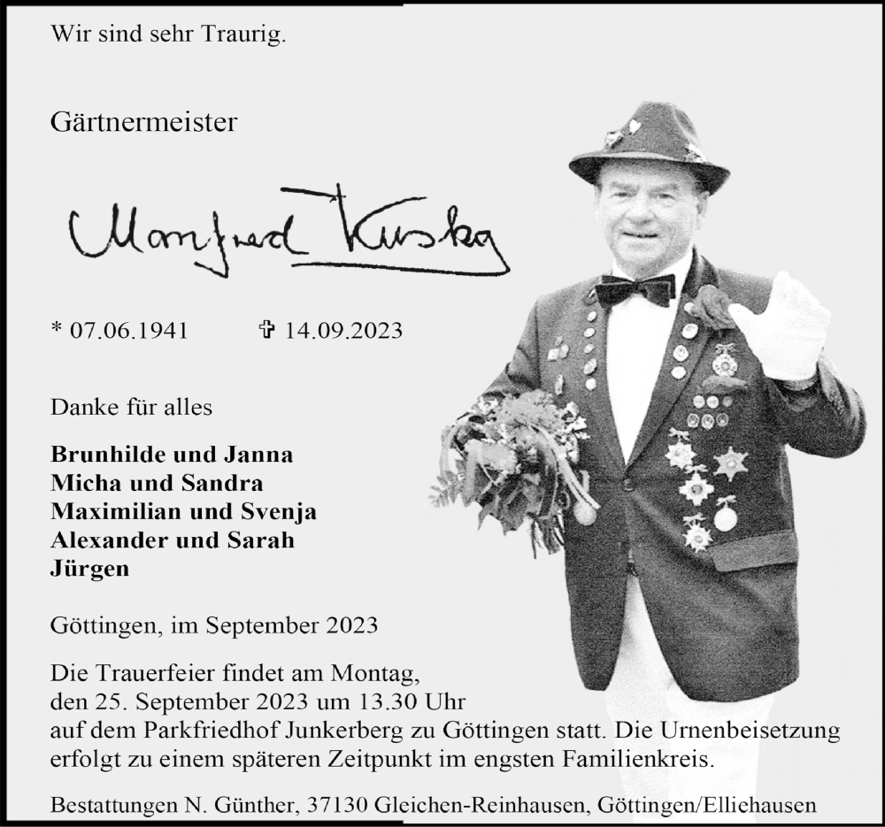  Traueranzeige für Manfred Kuska vom 23.09.2023 aus Göttinger Tageblatt