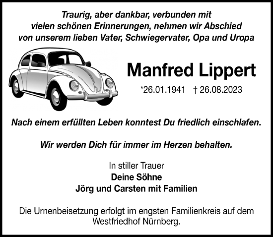 Traueranzeige von Manfred Lippert von Leipziger Volkszeitung