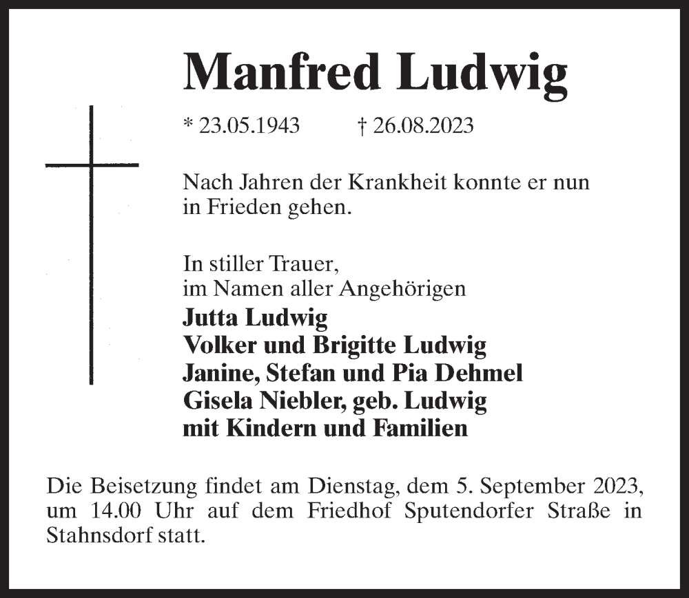  Traueranzeige für Manfred Ludwig vom 02.09.2023 aus Märkischen Allgemeine Zeitung
