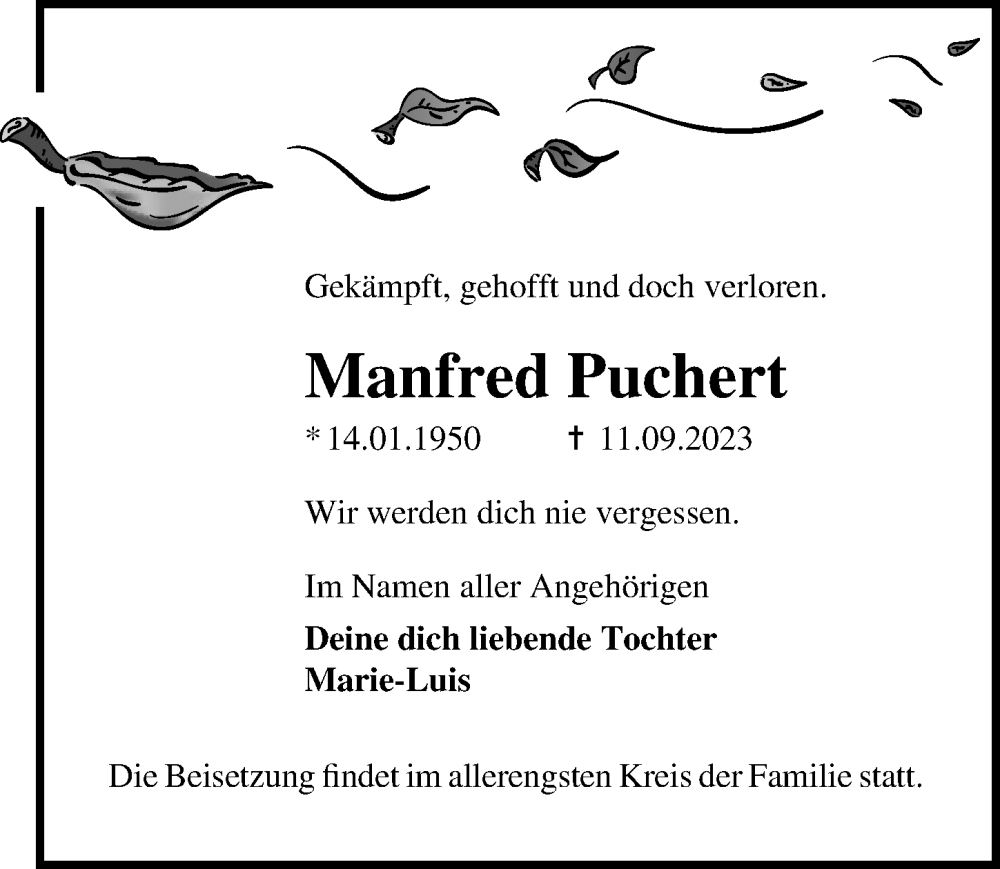  Traueranzeige für Manfred Puchert vom 16.09.2023 aus Ostsee-Zeitung GmbH