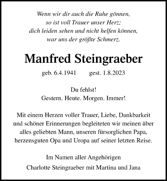 Traueranzeige von Manfred Steingraeber von Ostsee-Zeitung GmbH