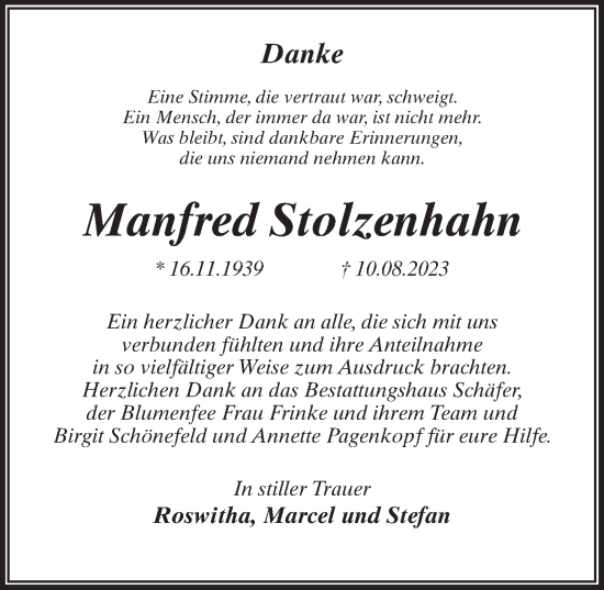 Traueranzeige von Manfred Stolzenhahn von Märkischen Allgemeine Zeitung