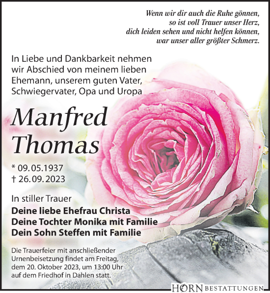 Traueranzeige von Manfred Thomas von Leipziger Volkszeitung