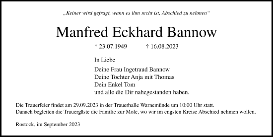 Traueranzeige von Manfred Eckhard Bannow von Ostsee-Zeitung GmbH