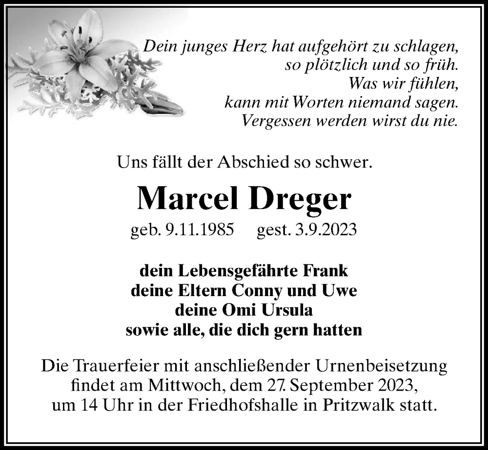  Traueranzeige für Marcel Dreger vom 16.09.2023 aus Märkischen Allgemeine Zeitung